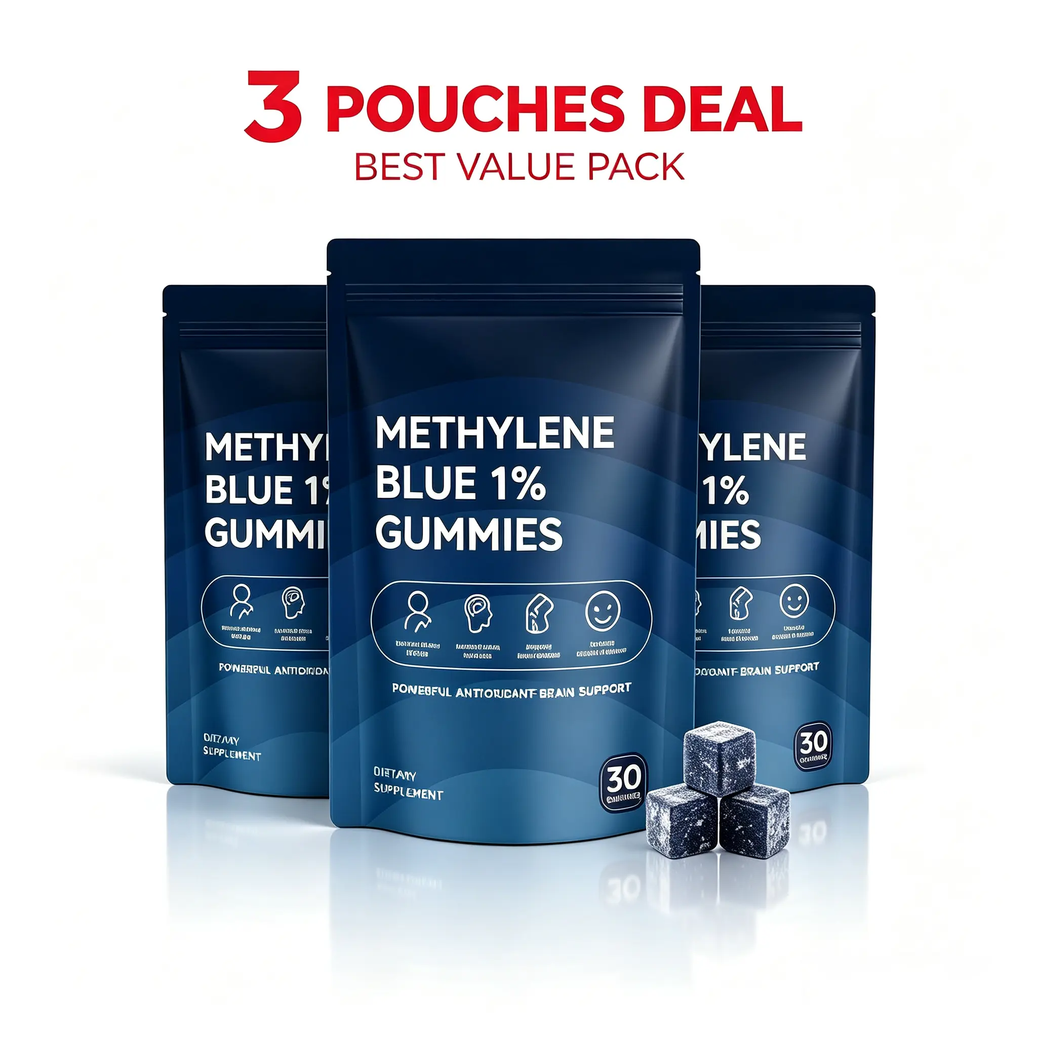 3 Pouches Bundle | Daily Wellness 1% Methylene Blue Gummies, 10-in-1 Formula with Vitamin C, K2 & D3, Antioxidant Dietary Supplement, Supports Cellular Energy, Mental Clarity & Joint Comfort, 30 Gummies Per Pouch, Total 90 Gummies