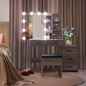 Vanity Table Set with Mirror Cabinet 3-Color Adjustable Lights 5 Drawers 2 Shelves Particleboard Makeup Desk with Built-in Outlets USB Ports and Stool