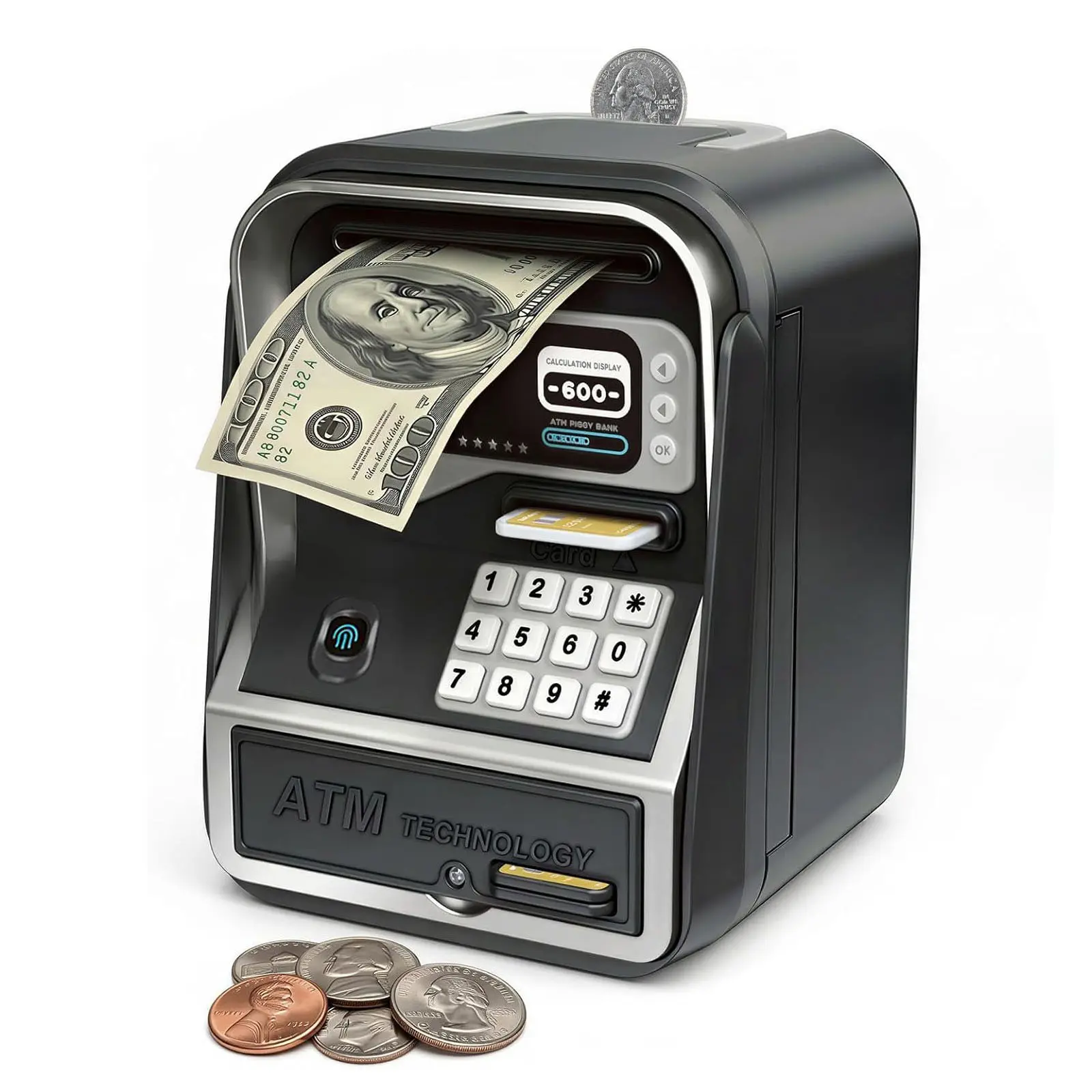 Electronic ATM Piggy Bank for Boys Girls Adults, Coin Cash Bank with Password Code Lock, Simulated Fingerprint, Auto Bill Feeder, Music Playback, Oversize Space Money Saving Box