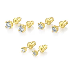 MINDDHA 3 Pairs Cubic Zirconia Stud Earrings with Flat Back, Gold Plated Helix Cartilage Tragus Earrings, Hypoallergenic Screw Back, Dainty Jewelry for Women & Men Gift (3/4/5mm CZ, 14K Gold/White Gold)