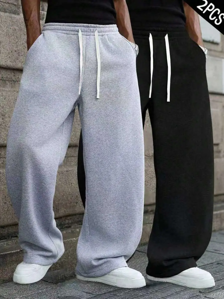 Men’s street-style wide-leg sweatpants, two-piece set, fleece lining, elastic drawstring waist, loose, warm casual pants, available in 9 colors, all sizes.
