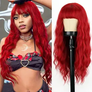 Xinran Long Wavy Red Wig with Bangs Synthetic Long Red Hair wigs for Women Wine Red Curly Cosplay Burgundy Wig for Girls Daily Party Use