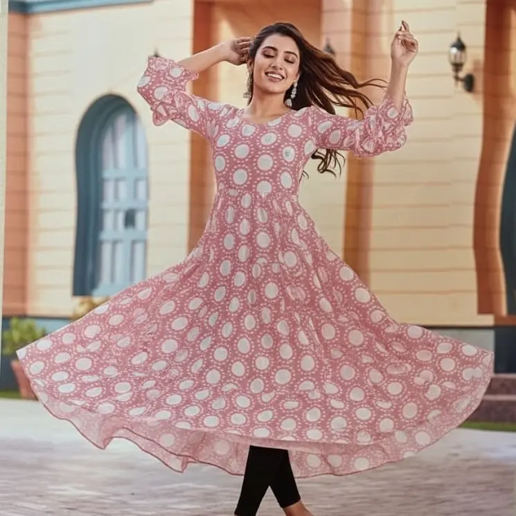 #GW-2 Floral Tiered Anarkali Polka Dot rayon Kurta Dress 3-tier flare for a twirl-worthy silhouette