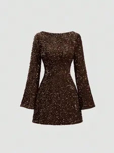Women's Sequin Bodycon Dress Fall Winter Velvet Warm Long Sleeve Crew Neck Sexy Backless Glitter Slit Mini Dress,Backless, Contrast Sequin, Zipper,A Line