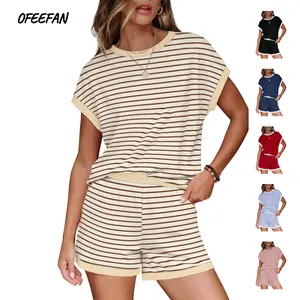 OFEEFAN Two Piece Sets for Women Summer Lounge Short Sets Cap Sleeve Crew Neck Sweatsuit with Pocket XS-2XL Womenswear