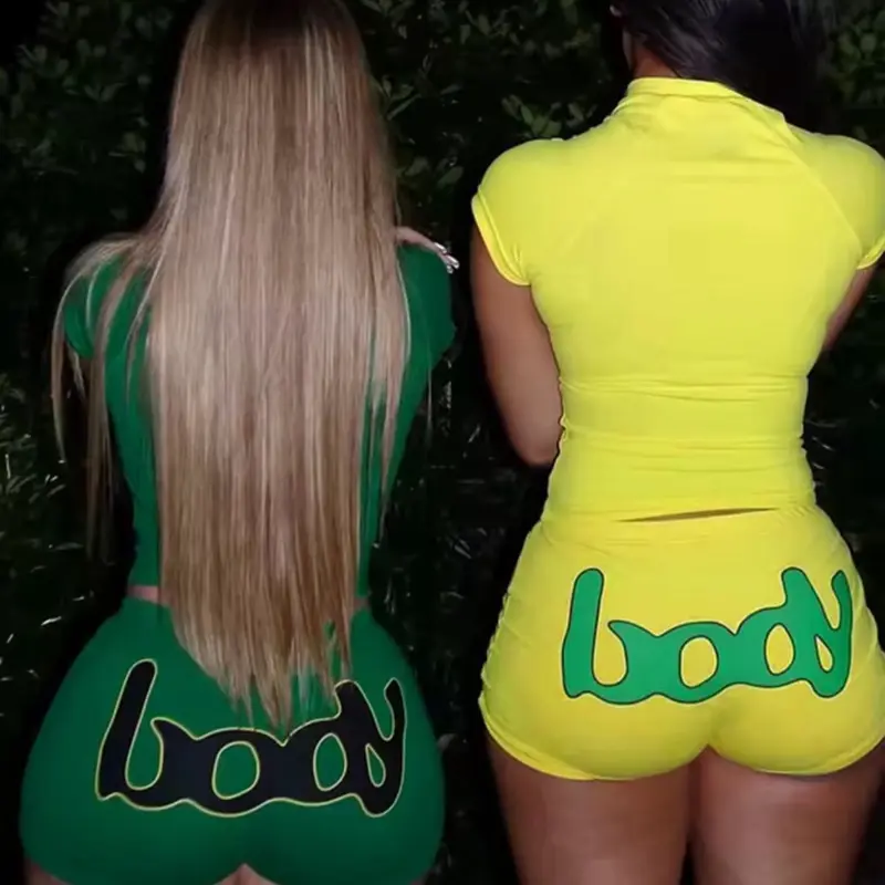 Two-Piece Outfit Set - "Body" & "Some" in Green and Yellow with "body" Text Design Clothes Womenswear Matching Set Shorts or Leggings Crop Top