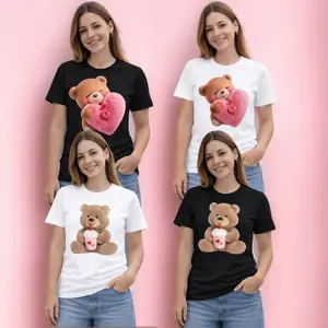 Cute Teddy Bear Heart T-Shirt for Women | 100% Cotton Unisex Tee | Black & White | Soft Graphic Love Bear Design | Sizes S-XXL