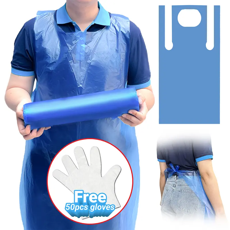 Disposable Blue Aprons – 50 Count – Waterproof Plastic Aprons with Ties – 7.5x7.5x41cm