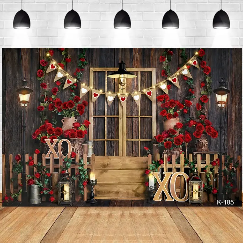 Photography Background Valentine's Day Red Roses String Lights Warm Atmosphere Valentine's Day Theme Party Photo Studio Backdrop