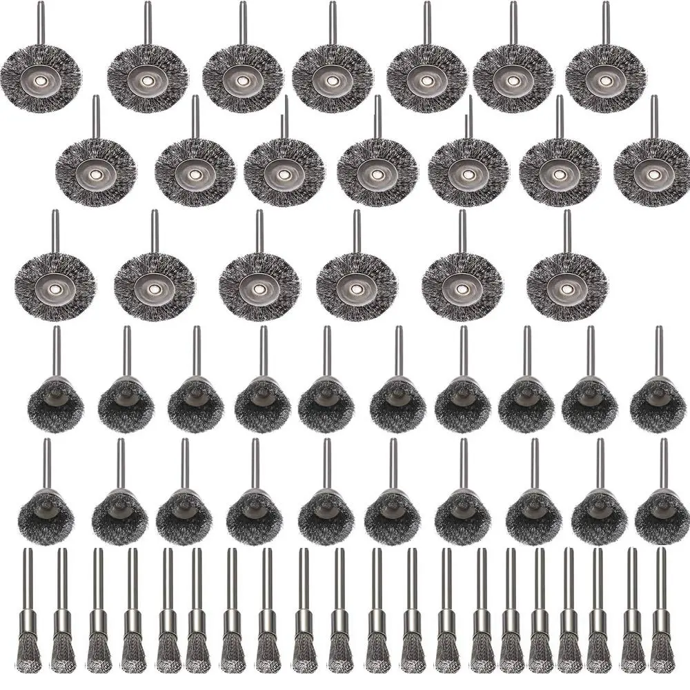 60 Pcs Multi-Shapes Wire Brushes Set - 1/8-inch Universal Shank, 3-Hardness Levels 3-Tier Hardness (Brass, Copper, Carbon Steel) Wheels & Pen Brushes, Rotary/Dremel Accessories for Auto Repair, Jewelry Work, Model Making