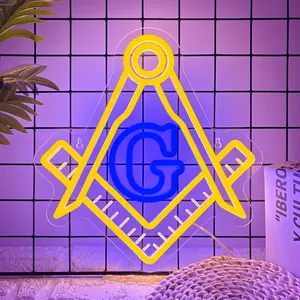 Masonic Symbol LED Neon Sign Square Compass & Letter G Design, USB-Powered Wall Light For Office, Lodge, Club Decor (Blue/Yellow), LED Neon Wall Decor