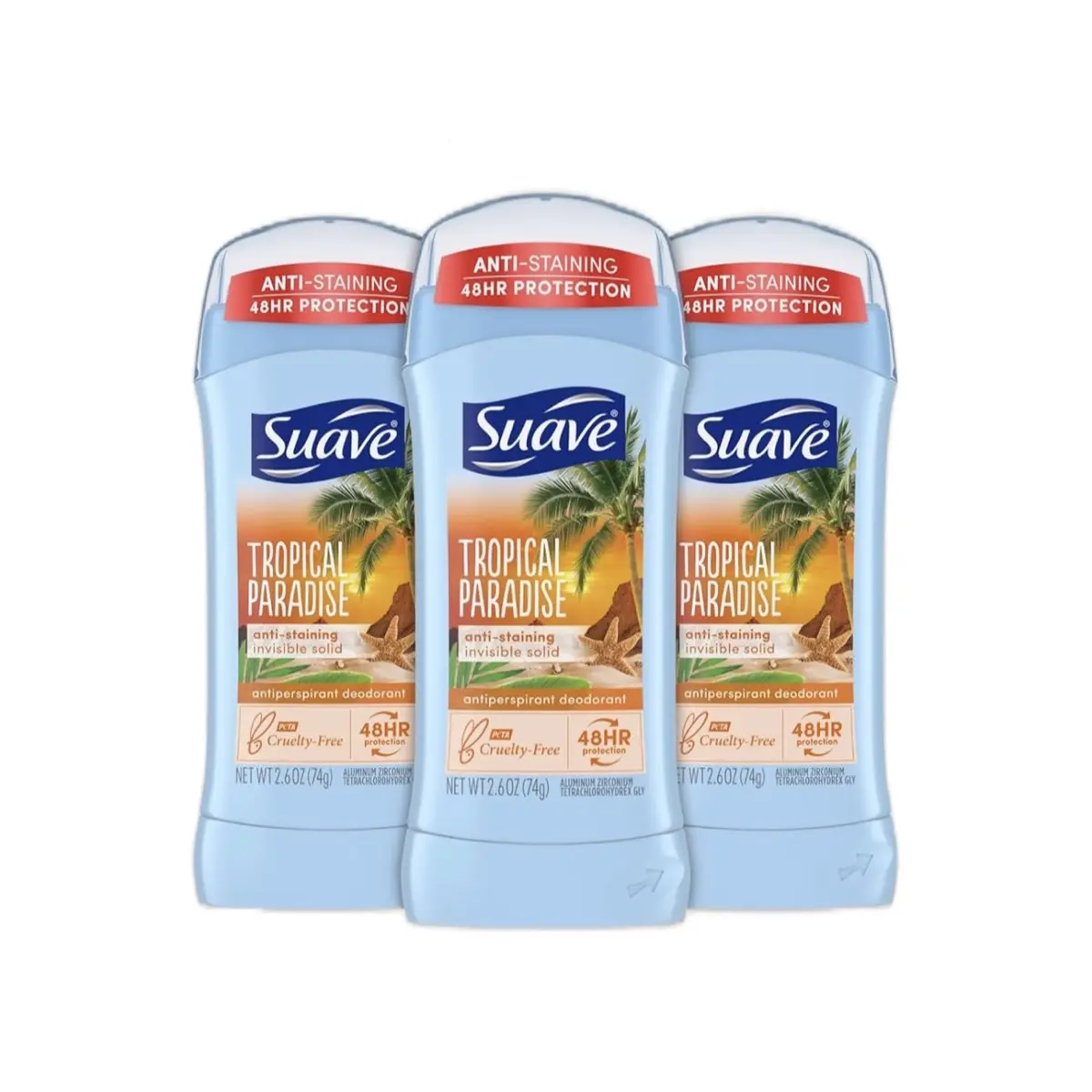 Suave Deodorant Stick for Women, Tropical Paradise, 48H Sweat Control Deo for Long Lasting Body Care, Pocket Size, 2.6 oz (3 Pack)