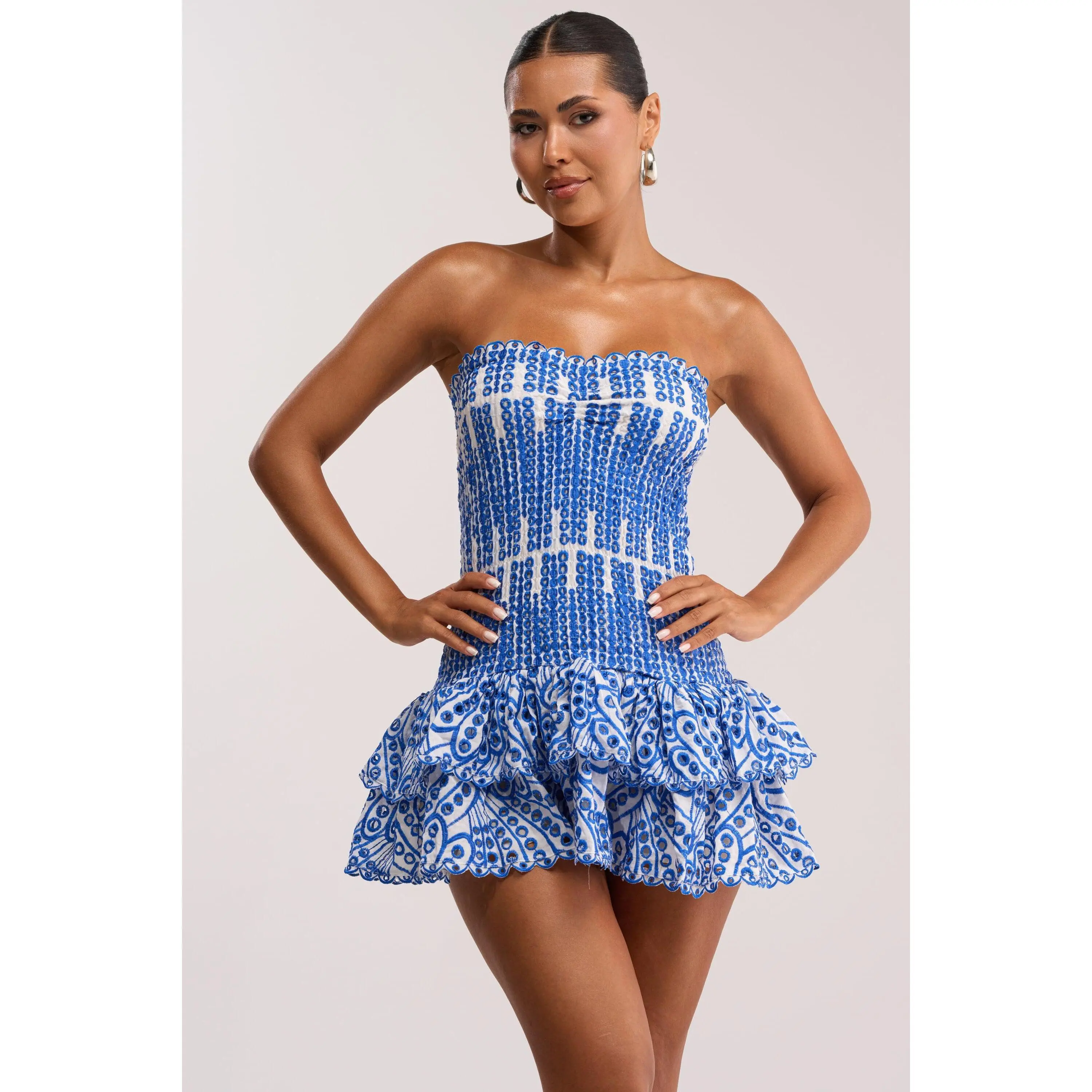 SUMMER OF LOVE SMOCKED EYELET STRAPLESS MINI DRESS