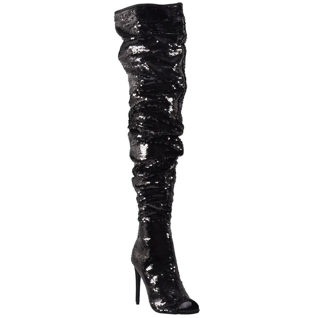 Women's Fashion Sparkle Sequins Sexy Open Toe Stiletto High Heels Knee High Boots