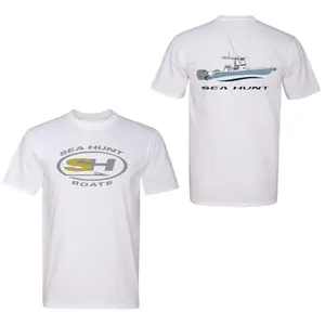 Sea Hunt Boats T-Shirt, White Nautical Tee with Center Console Boat Graphic, Offshore Fishing Shirt for Boaters and Anglers, Marine Lifestyle Tee