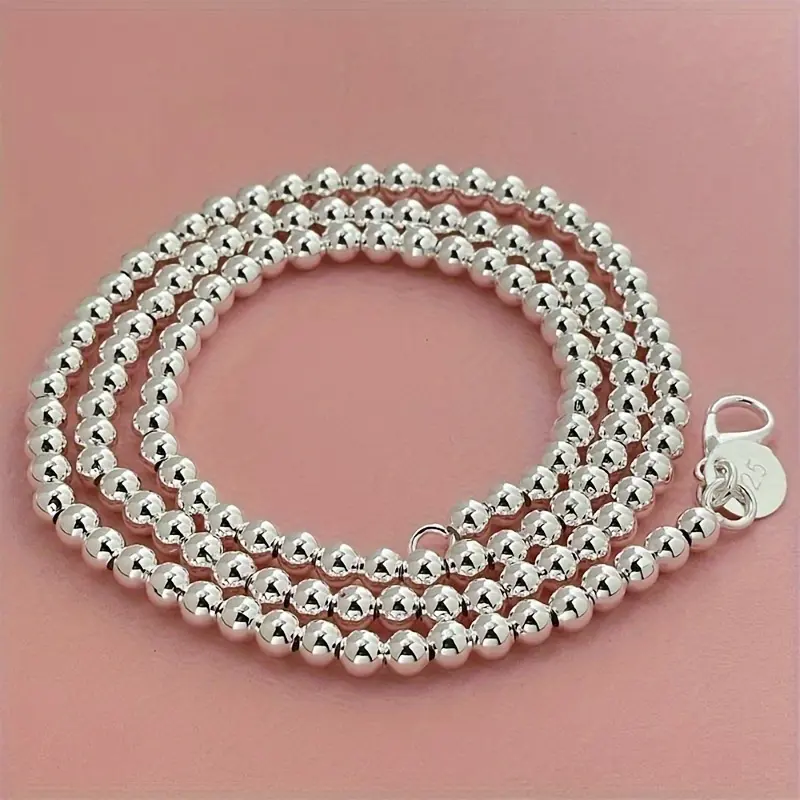 925 Sterling Silver Round Bead Necklace - Adjustable 16-20in Chain, Elegant Fashion Jewelry Accessory