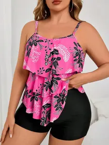 Plus Size Summer New Large Round Neck Multi-Layer Ruffle Skirt Plant Print Briefs Casual Holiday Beach Tankini Swimsuits Women Set