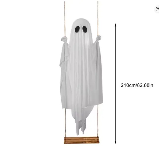 6FT Large Hanging Swing Ghost Halloween Decoration Cute White Ghost with String Light Spooky Ghost Ornament for Porch Yard Trees