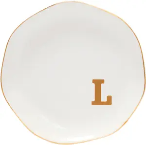 Ceramic  Tray Initial Ring Dish Personalized L-Monogrammed Engagement Wedding Gifts,Decorative  Holder for Birthday Mother's Day Christmas for Women, Ceramic White 4.5" (L)