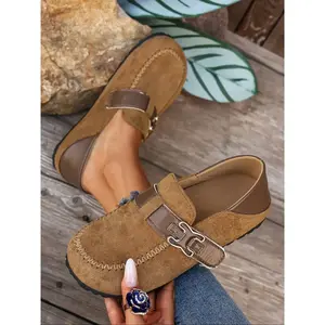 Women's Leopard Print Suede Mule Slippers, Metal Buckle Thick Sole, Retro Casual Half Slipper, Comfortable All Season Shoes, Casual Shoes Clogs