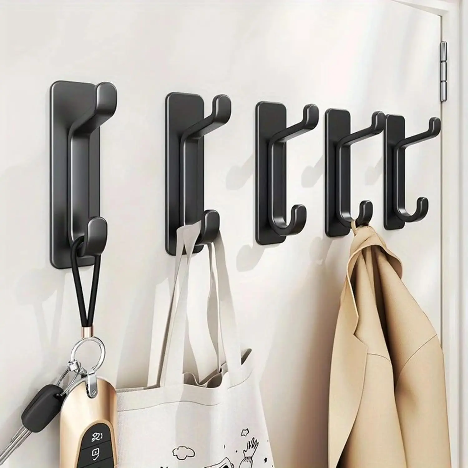 Heavy-Duty Adhesive Wall Hooks, 5-Pack - 22lb No-Drill Home Storage Solution for Kitchen, Bathroom - Black