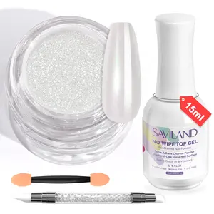 SAVILAND White Pearl Chrome Nail Powder Kit 1g High-Gloss Aurora Effect with No-Wipe Top Gel & Sculpture Pen for DIY Gel Polish Nails