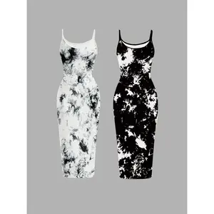 [For Summer] 2pcs Set of Irregular Tie-Dye Print Long Strap Dresses for Women, Suitable for Summer