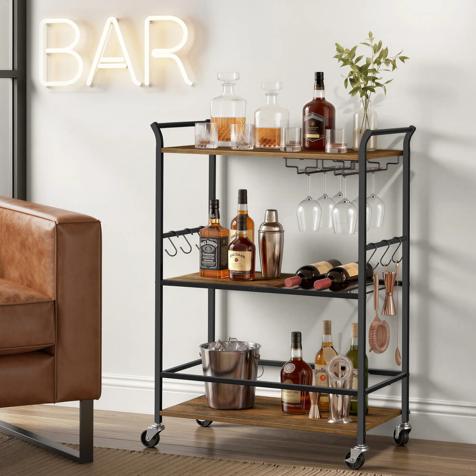 VASAGLE 3-Tier Bar Cart, Steel Serving Cart on Wheels with Wine Rack and Glass Holder, Rustic Brown, for Kitchen and Living Room