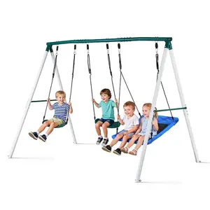SummerWinsVEVOR Swing Set for Backyard, 45x 30 in Swing Seat and Two Belt Seats, with Heavy Duty A-Frame Metal Stand, 700 lbs Load Capacity, Reinforced with Spiral Ground Anchors, Swingset Outdoor for Kidsdealsforyoudays