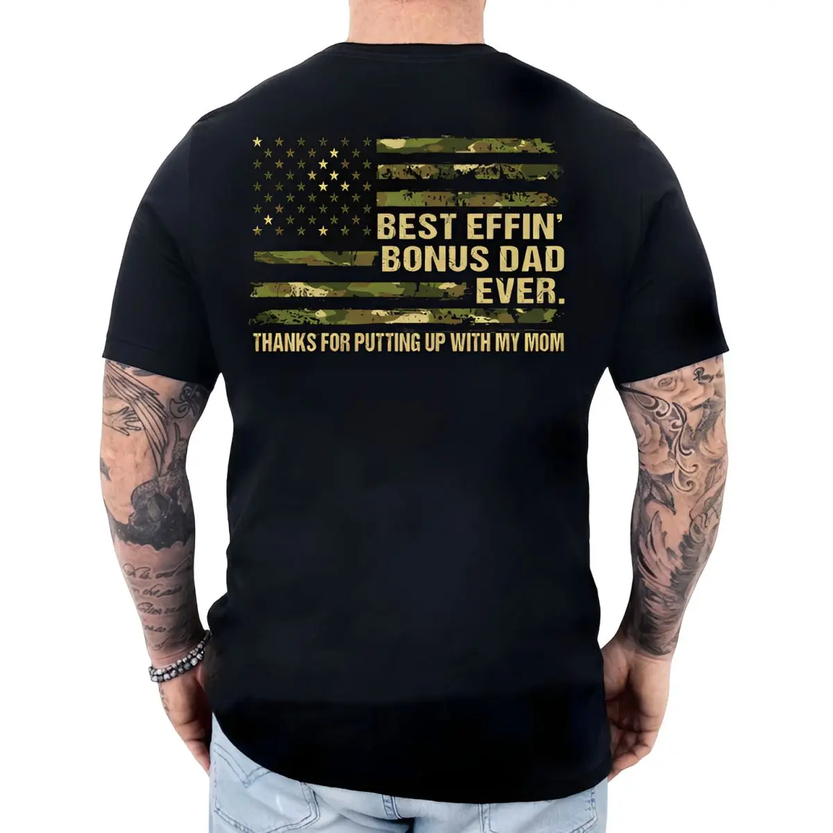 Best Effin Bonus Dad Ever Shirt, Thanks For Putting Up With My Mom T Shirt, Funny Stepdad Gift For Men, Camo American Flag Graphic Tee, Father’S Day Gift Idea, Unisex Long Sleeve Crewneck Tee, Classic Streetwear