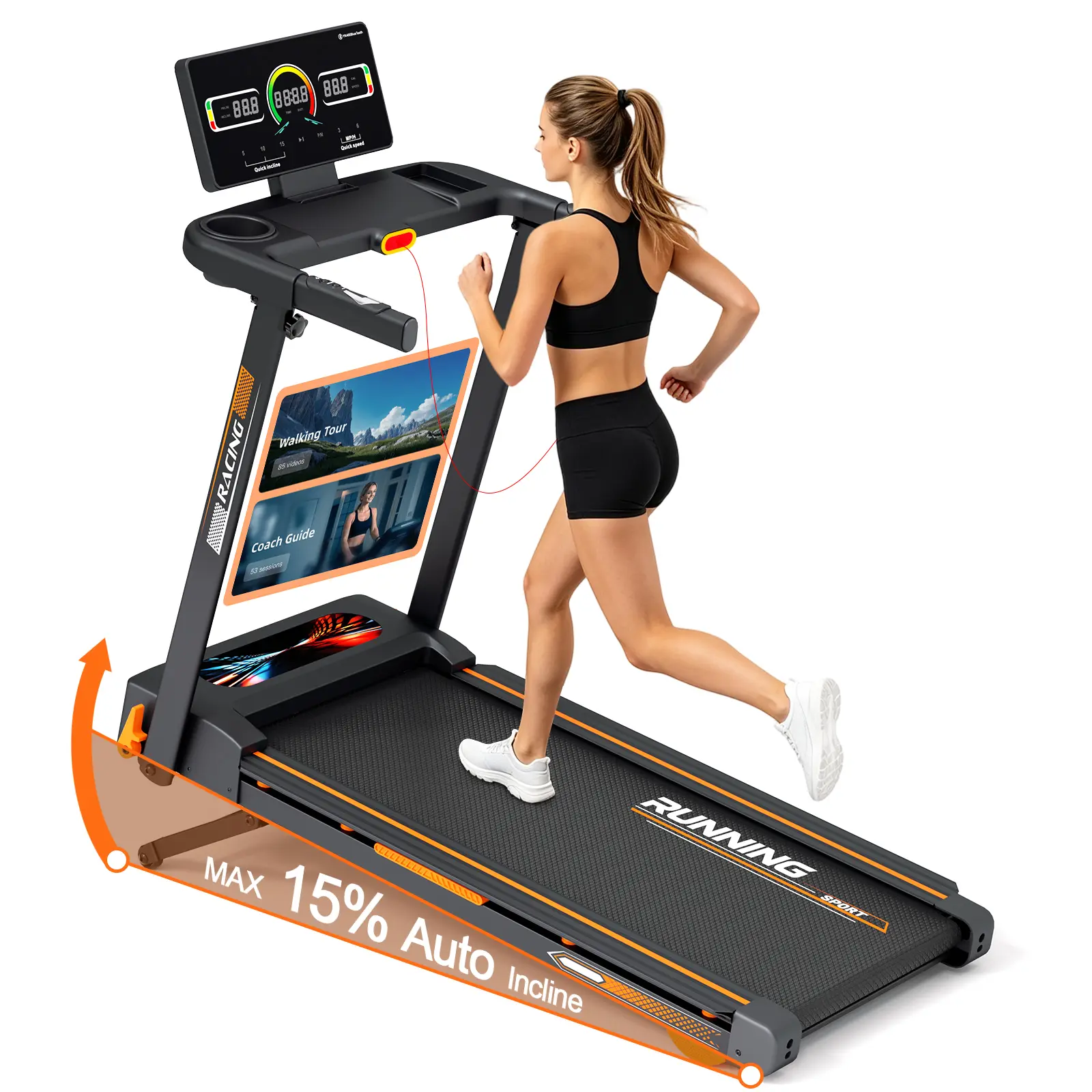 Foldable Smart Treadmill with 15% Auto Incline & HD Touchscreen – 3.0 HP Quiet Motor, 330 LBS Capacity, Bluetooth App Interactive Control, Built-in Speaker & Heart Rate Monitor, 8 Shock Absorbers & Workstation Desk