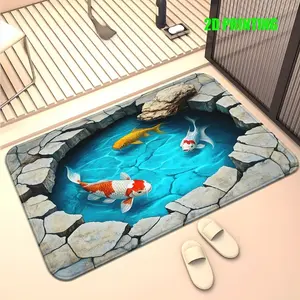 3D Visual Koi Pond Mat, Goldfish Pool Water Mat, Entrance Hall Fun Hole Design, Soft Comfortable Indoor Outdoor Rug