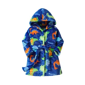 Flame-Retardant Tested, Flame-Retardant Fabric Boy Dinosaur Stuffed Flannel Bathrobe with Cap and Belt Cartoon Home Outfit 3D Printed Short-sleeved Shorts Set picture day