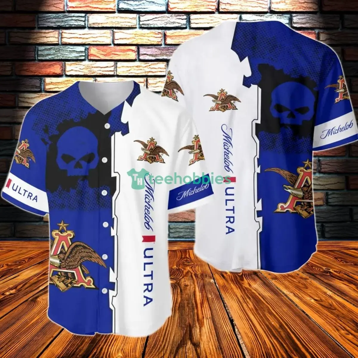 Michelob Ultra Skull Eagle Baseball Jersey Blue White Streetwear Shirt Men Women Casual Summer Gym Sports Fan Outfit Beer Lover Tailgate Party 4th of July Button Up Loose Fit