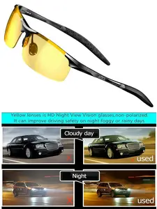 Unisex Anti Glare Polarized Night Vision Sunglasses - Yellow TAC HD Lens, Lightweight AL-MG Frame, Adjustable Nose Pads for Night & Snow Driving, Come with Sunglasses Case, Cleaning Cloth & Test Paper