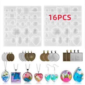 Gems Resin Molds, 36 Cavities UV Resin Jewelry Making Kit with 16 PCS Metal Pendants Trays,Silicone Molds for Pendants,Earrings,Necklace