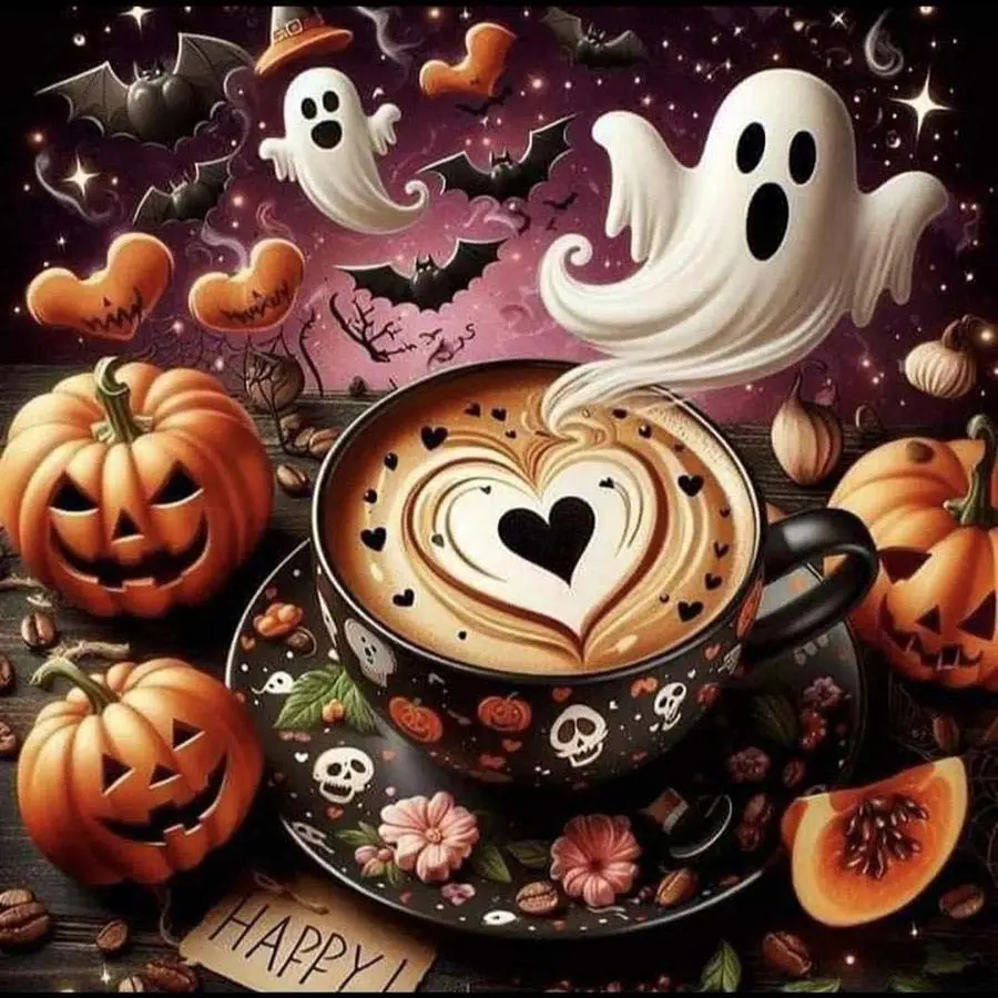 5D DIY Full Drill Round Diamond Art Kit Handicraft - DIY Kits, Pumpkin, Ghost, Coffee Mosaic, Canvas - DIY Decorative Painting, Home Wall Decor, Suitable for Halloween and Christmas, Birthday and Anniversary Gifts