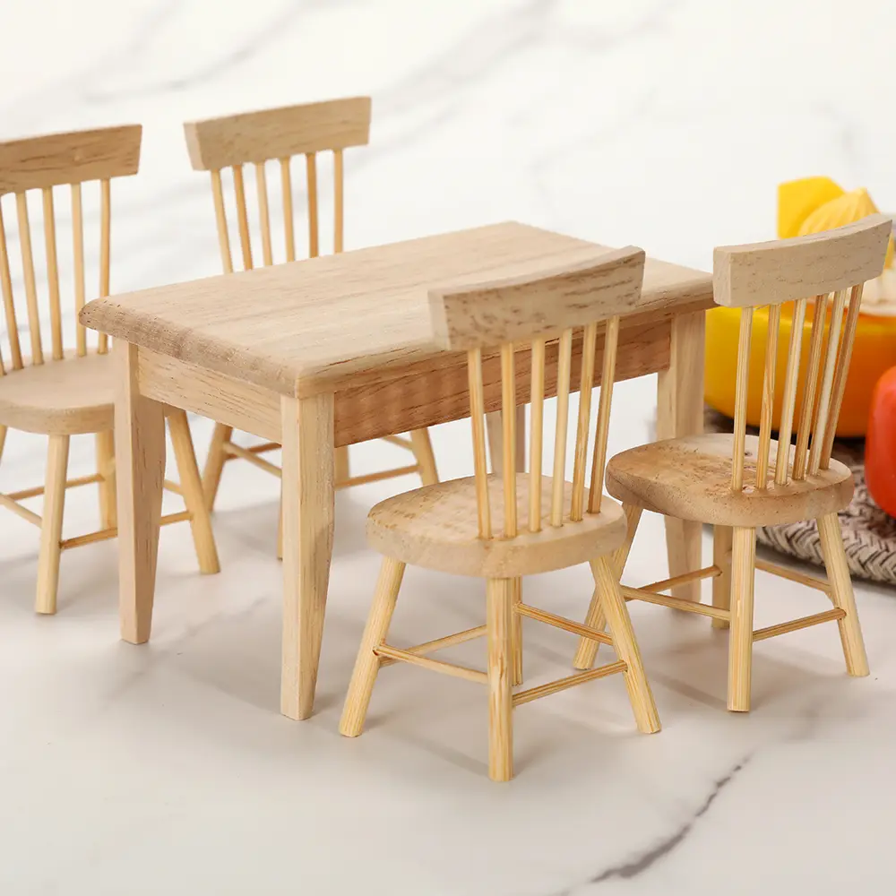 1/12 Scale Eco-Friendly Wood Handmade Table+Chairs Set, Natural Finish Miniature Dollhouse Dining Room Accessories, Imaginative Play & Storytelling Aid for Early Childhood Educational Supplies