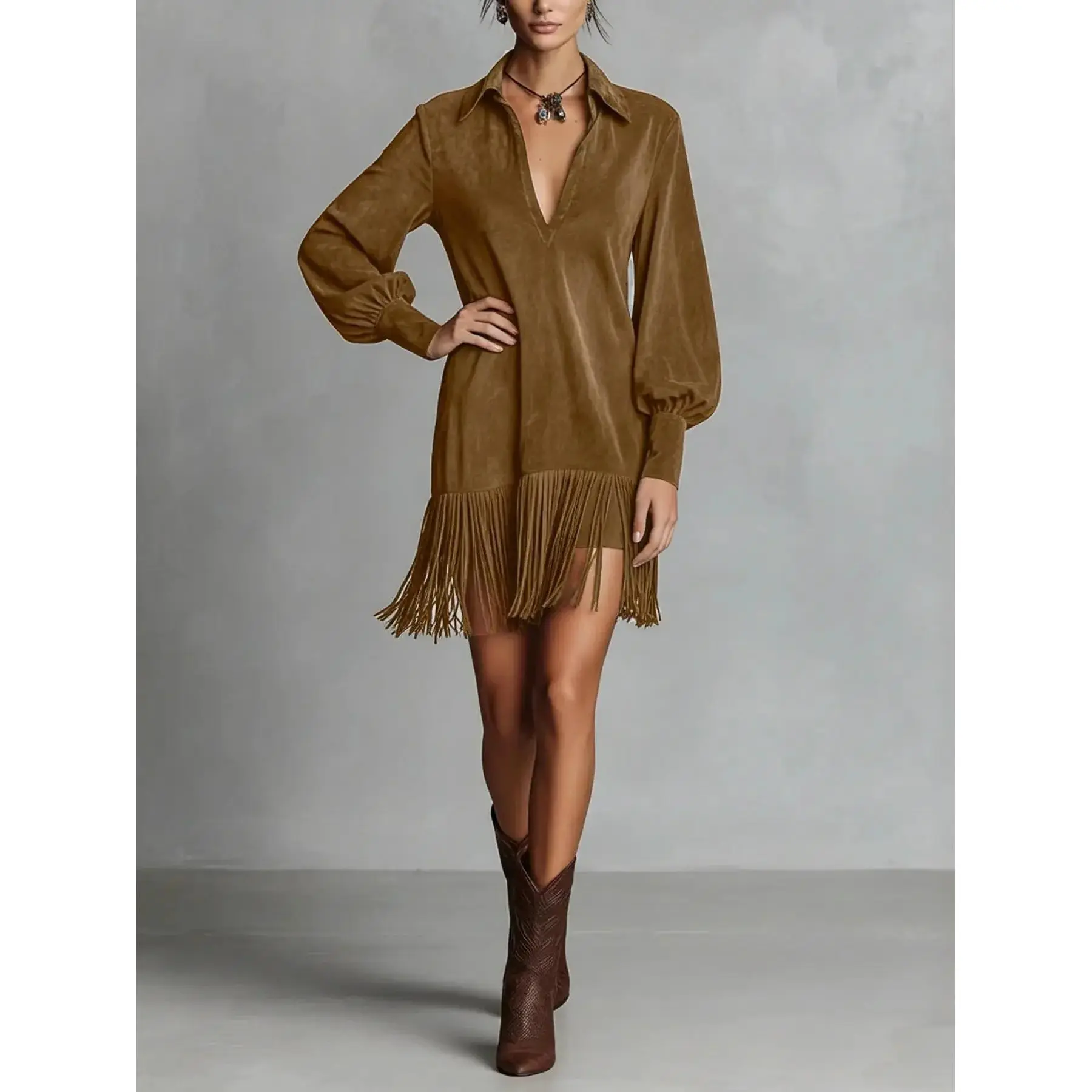 (New) Women's Solid Long-Sleeve V-Neck Fitted Dance Dress - Spring Fringe Hem, Straight Tube A-Line Midi Length, Machine Washable Dancewear, Ideal for Vacation & Casual Wear, Female, Tassel Hem, Slim-Fitting, Spring Tassel Hem Design