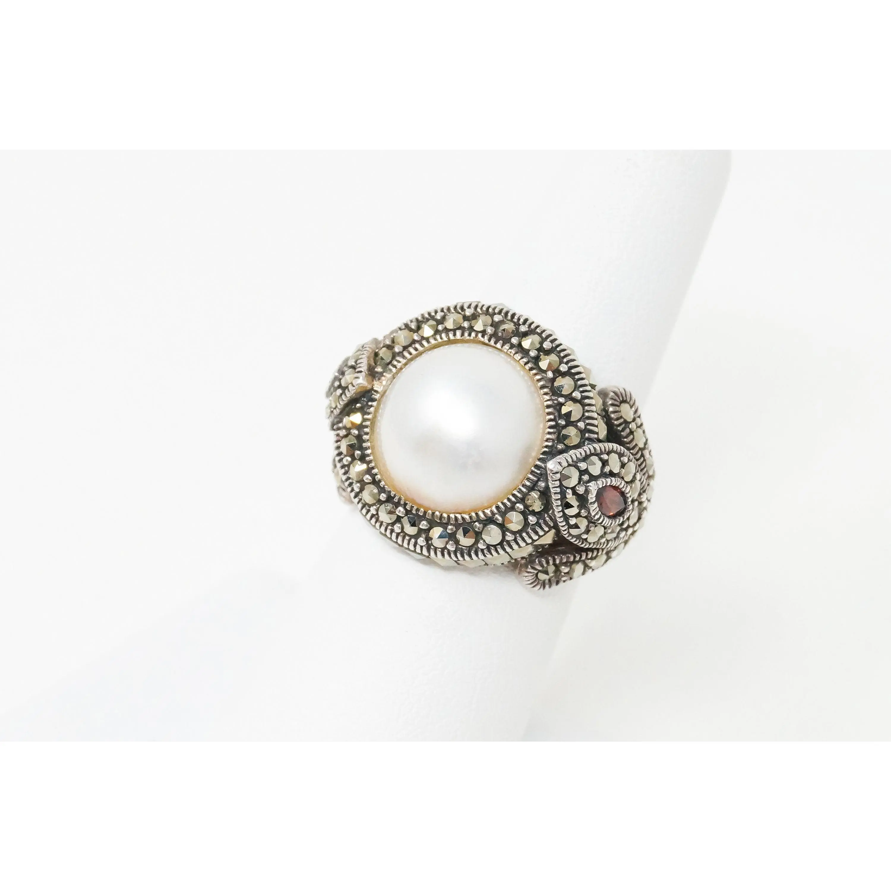 Vintage Pearl Marcasite Art Deco Style Ring Sterling Silver Sz 6.75