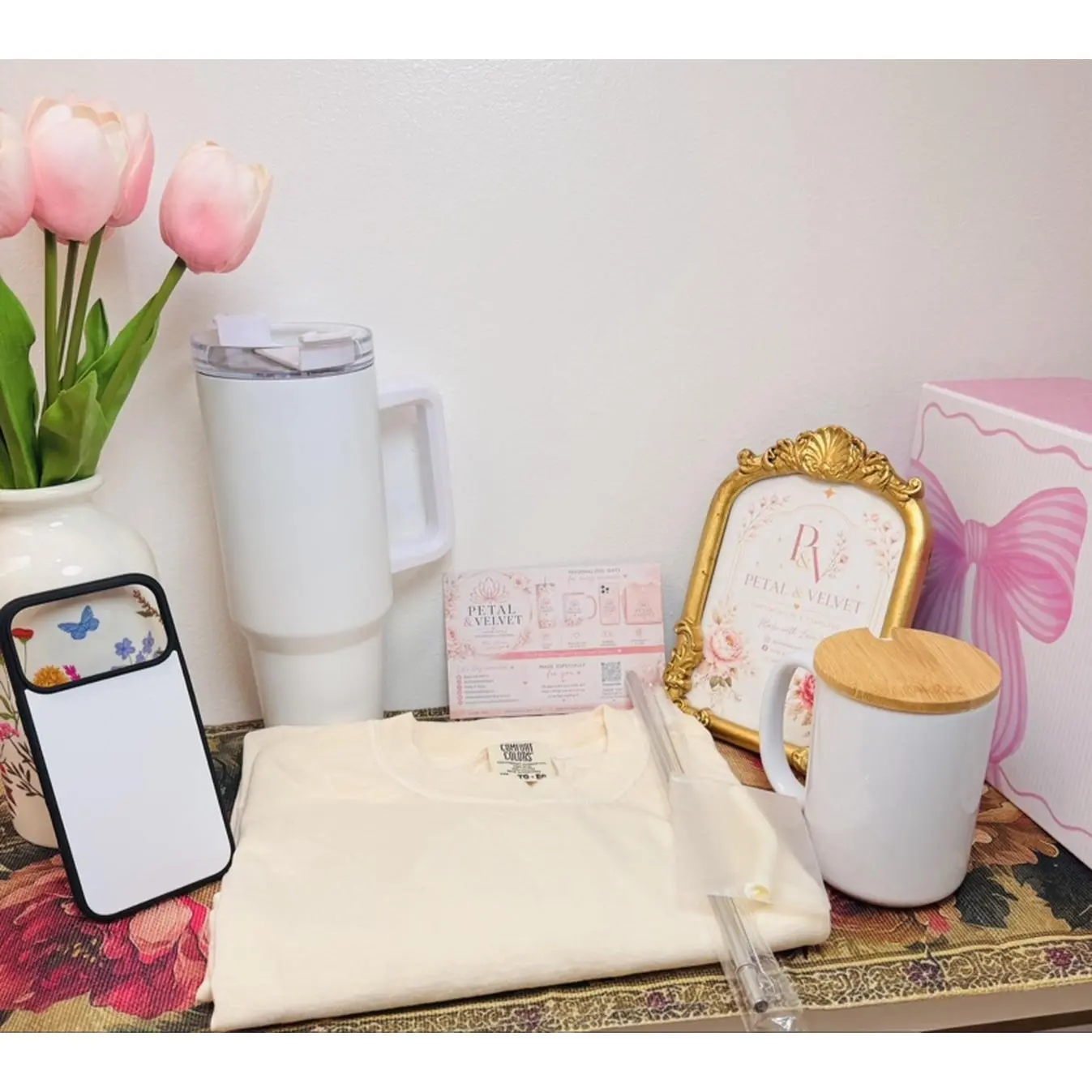 Petal & Velvet Super Magic Box Personalized Gift Set - Tumbler Mug, Phone Case, T-Shirt - Customizable Colors, Theme Names, Photos - Perfect for Birthdays, Holidays