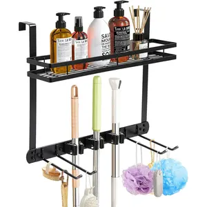Broom Holder Door Mount,Door Mounted Broom and Mop Holder with Dual Tool Hooks, Three Slots, and  Tool Storage Basket For Laundry Room, Garage, Closet, warehouse, Kitchen Decor (black)