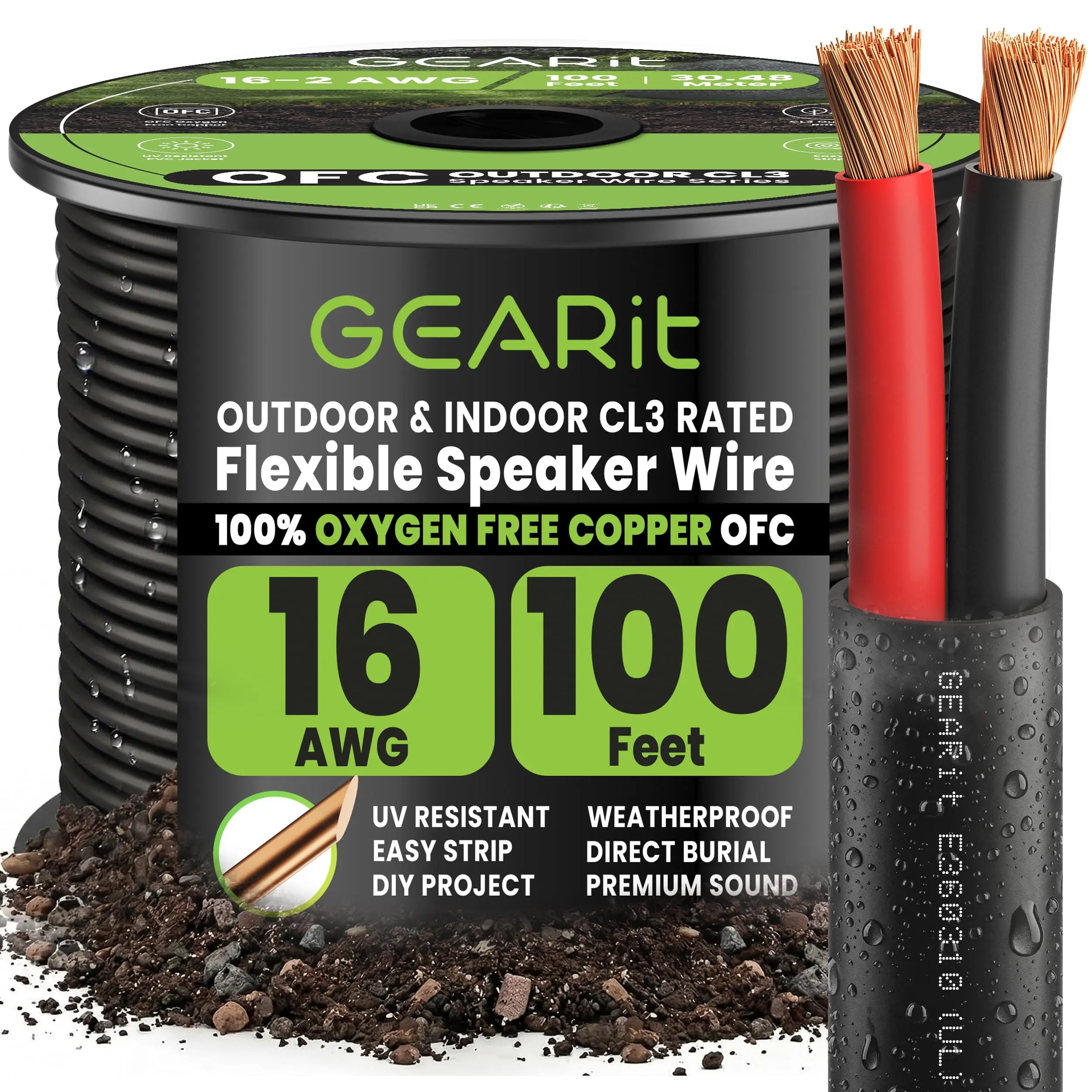 GEARit Pro Series 16 AWG Direct Burial Outdoor-In-Wall Speaker Wire Cable - CL3 Rated, Oxygen-Free Copper, High Stranded Conductors, Indoor-Outdoor Use, Audio Equipment Accessory for Amplifier, Receiver, Banana Plugs, Bent Pin Connectors, Car Audio