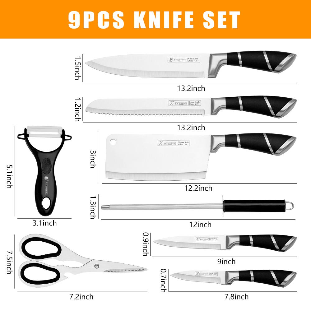 Kitchen Knife Set with Acrylic Knife Holder, 9-Piece Set for Kitchen Chopping and Mincing, High-Carbon Stainless Steel, Non-Slip Handles, Black