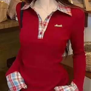 Preppy Polo Neck Knit Plaid Long sleeve T shirt Women False 2 Piece Basic Top V neck Button Blouses Tees  New