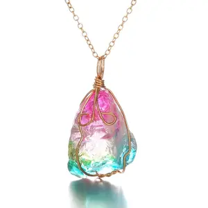 New Rainbow Stone Natural Crystal Chakra Rock Necklace Golden Plated Quartz Pendant Nice Gift For Lover Friends