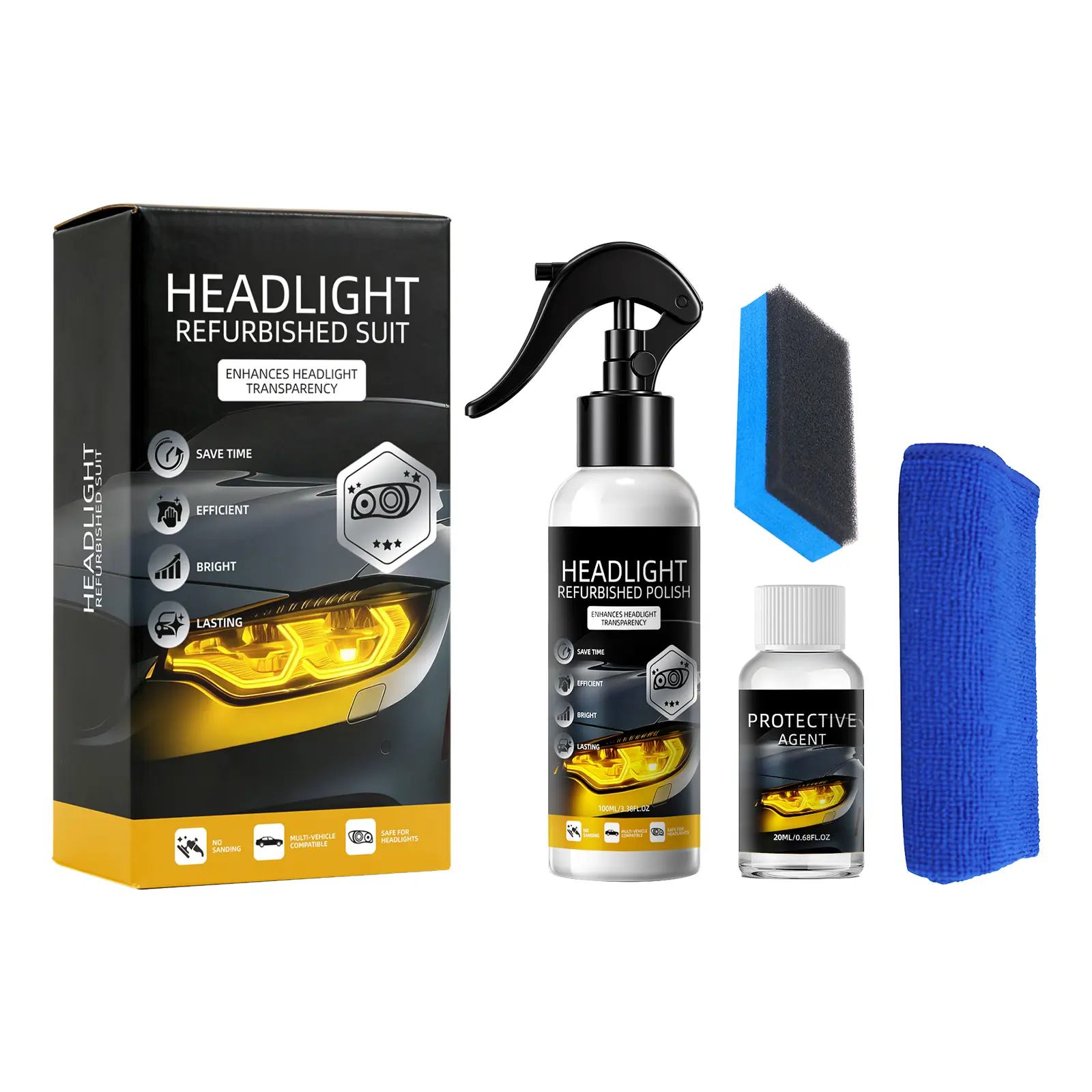DEBEIDI-Headlight Restoration Fluid, Car Detailing Tool for Yellowed Foggy Oxidized Headlamps, Headlamp Polish Oxidation Remover Crystal Coating Sealant for Auto Headlight Refurbish