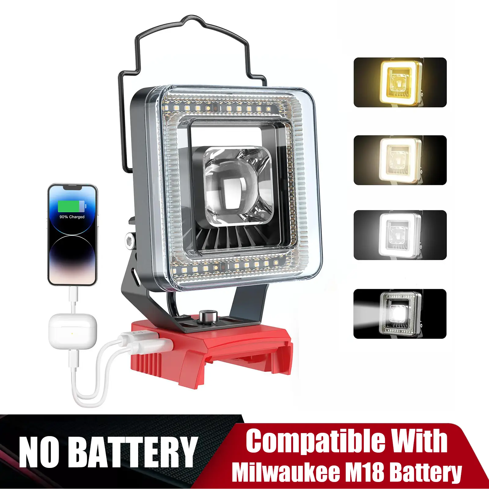 LED Work Light for Milwaukee M18 Battery, Battery Not Included, 4 Color Temperature Modes, 60W 6000 Lumens Spotlight Flashlight with USB & Type-C Char