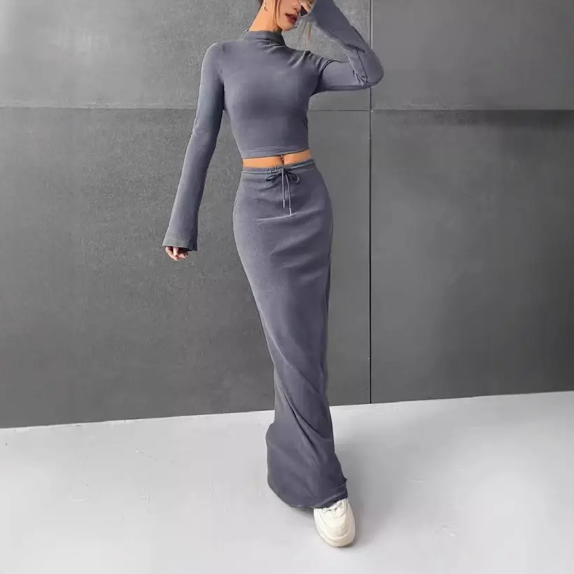 Loose Casual Solid Color Long Sleeve Dress Two-piece Set Clothes Cotton Fabric Khaki