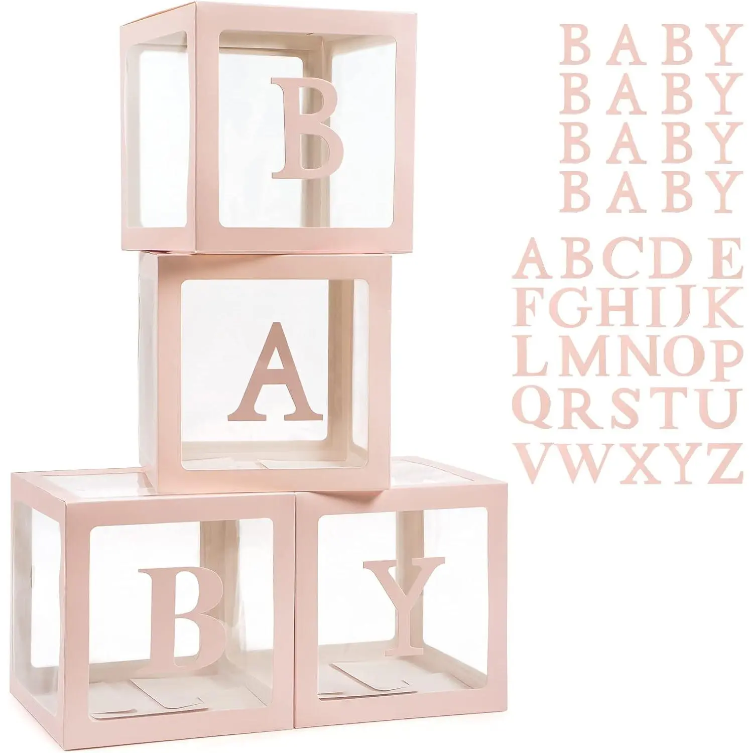 Boxes with 42 count Letters for  Shower Transparent Balloon Boxes Clear Balloon Box Blocks for Boy Girl Gender Reveal Party and Birthday Party (Pink)